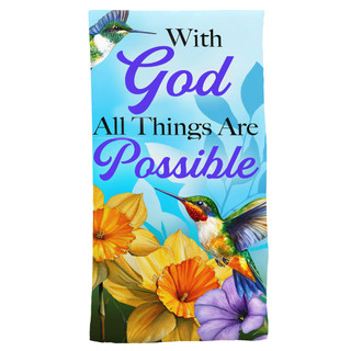 Cotton All Things Are Possible Towel with hummingbirds and flowers design, inspirational quote on light blue.