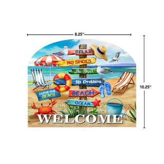 Beach Signs Acrylic Art Sign, colorful beach scene with welcome message and signs on sandy shore.