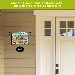 Beach Signs Acrylic Art Sign with colorful beach scene and house number 567 on beige siding.