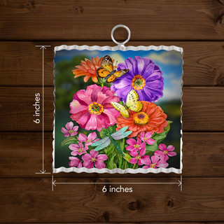 Zinnias in Bloom Metal Mini Moment, 6x6 inches, colorful flowers and butterflies on metal decor.