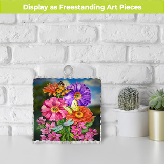 Zinnias in Bloom Metal Mini Moment, colorful flowers and butterflies on metal art piece with plants.