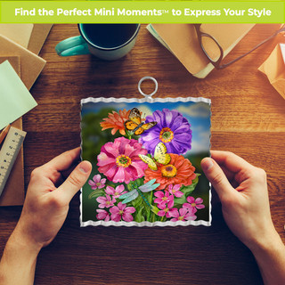 Zinnias in Bloom Metal Mini Moment, colorful floral design with butterflies and flowers in vibrant hues.
