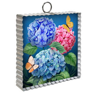 Colorful Hydrangeas Metal Mini Moment with blue, pink hydrangeas, and butterflies on silver metal frame.