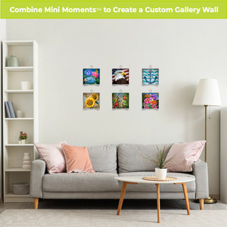 Colorful Hydrangeas Metal Mini Moment on a living room wall with six mini art pieces displayed.