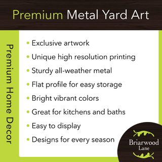 Briarwood Lane metal art sign with list of features on white background.