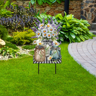 Lavender and Daisies Metal Art garden decor with black and white checkered base and metal legs.