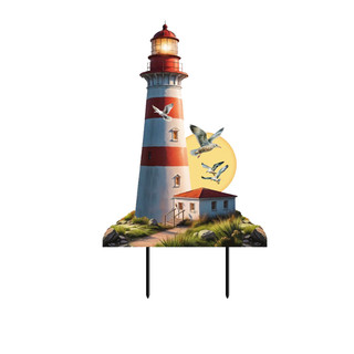 Lighthouse At Sunset Metal Art, red and white striped lighthouse with seagulls and sunset background scene.