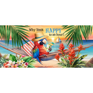 Happy Hour Parrot Mini Mat, colorful parrot in hat on beach with tropical flowers and palm fronds.