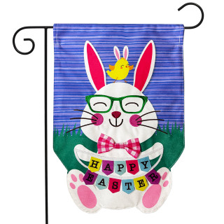 Happy Easter Bunny burlap garden flag with colorful bunny, chick, and "Happy Easter" banner design.