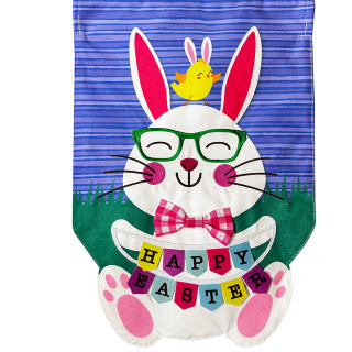 Happy Easter Bunny burlap garden flag with colorful design and green glasses on smiling white bunny.