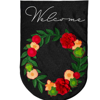 Black garden flag with floral wreath and "Welcome" in white cursive, featuring red, green flowers.