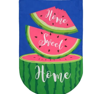 Home Sweet Home Watermelon Burlap Garden Flag with pink and green watermelon slices on blue.