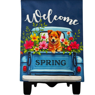 Puppy Pickup Burlap Garden Flag with colorful flowers, dog, and spring welcome message on blue truck.