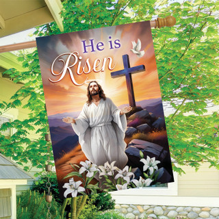 Jesus Is Risen House Flag with colorful Easter design featuring Jesus, cross, lilies, and dove.