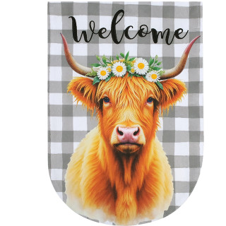 Brown highland cow with floral crown on gray and white checkered house flag says welcome.