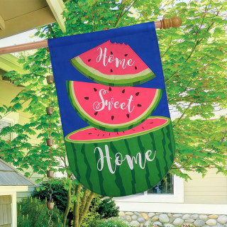 Home Sweet Home Watermelon Burlap House Flag with colorful watermelon slices on blue background.