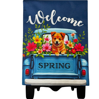 Puppy Pickup Burlap House Flag with colorful flowers and 'Welcome Spring' on a blue truck.
