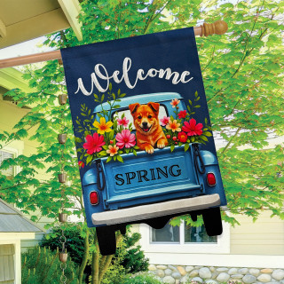 Puppy Pickup Burlap House Flag with colorful flowers and spring theme on a wooden pole outdoors.