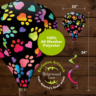 Rainbow Pawprints Welcome Hot Air Balloon Spinner, black with multicolored pawprints, 54" x 22" polyester.