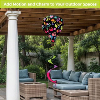 Rainbow Pawprints Welcome Hot Air Balloon Spinner, colorful paw print design, outdoor patio decoration.