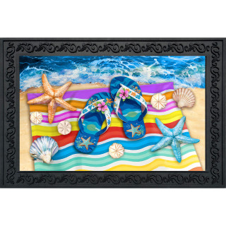 Colorful Flip Flop Haven Doormat with starfish, seashells, and blue flip flops on beach towel.