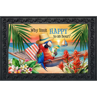 Happy Hour Parrot Doormat with colorful tropical design and black border, featuring blue parrot and text.