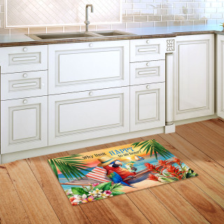 Happy Hour Parrot Doormat with colorful tropical design and palm leaves on wooden kitchen floor.