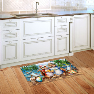 Summer Chipmunks doormat on wooden floor in front of kitchen sink with tropical design and seashells.