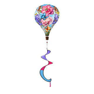 Butterflies and Peonies hot air balloon spinner with colorful flowers, butterflies, and pink purple streamers.