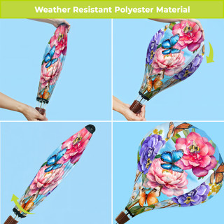 Butterflies and Peonies Hot Air Balloon Spinner, colorful floral design, pink, purple, blue flowers, brown base.