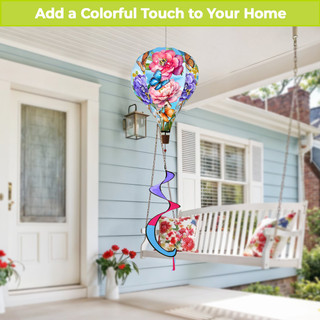 Butterflies and Peonies Hot Air Balloon Spinner with colorful flowers and butterflies hanging from porch.