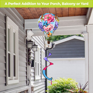 Butterflies and Peonies Hot Air Balloon Spinner outdoor decoration with colorful butterflies and pink flowers.