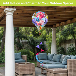 Butterflies and Peonies Hot Air Balloon Spinner outdoor decor with colorful butterfly and flower design.