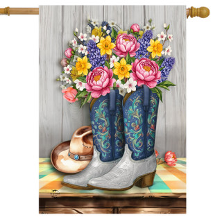 Floral Cowboy Boots House Flag with colorful flowers, blue and green boots, and cowboy hat decoration.