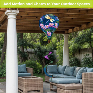 Dragonflies and Water Lilies hot air balloon spinner hanging from outdoor patio pergola.