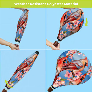 Cherry Blossom Cardinal hot air balloon spinner, weather resistant polyester, red birds, pink flowers design.