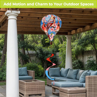 Cherry Blossom Cardinal Hot Air Balloon Spinner, colorful outdoor decorative spinner with floral and bird design.