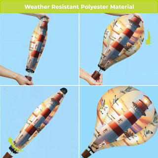 Lighthouse At Sunset hot air balloon spinner in polyester, red, blue, and yellow hues.