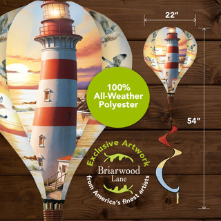 Lighthouse At Sunset hot air balloon spinner, red, white, and blue, 22" x 54" polyester.