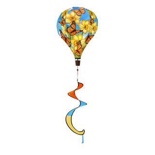 Monarch Butterflies Hot Air Balloon Spinner with colorful ribbons and yellow flowers on blue background.