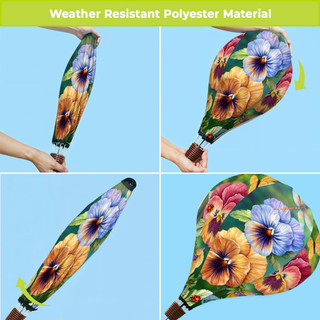 Pansy Trio Hot Air Balloon Spinner, colorful flowers, weather-resistant polyester material, garden decor, vibrant floral design.
