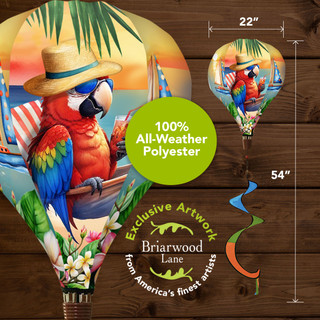 Happy Hour Parrot Hot Air Balloon Spinner, colorful parrot wearing hat on polyester spinner decoration.