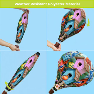 Spring Celebration Birdhouses Hot Air Balloon Spinner, colorful polyester bird feeder in various angles shown.