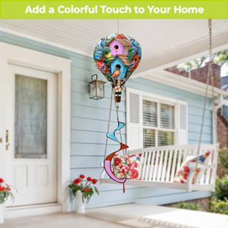 Spring Celebration Birdhouses hot air balloon spinner with colorful bird and flower design hanging outdoors.