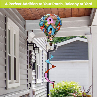 Spring Celebration Birdhouses Hot Air Balloon Spinner outdoor decoration with colorful birdhouses and swirling ribbons.
