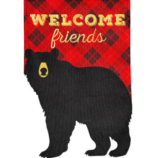 Black bear on red burlap house flag with Welcome Friends text, yellow accents, and plaid pattern.