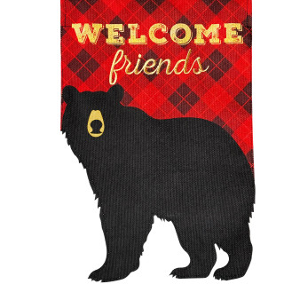 Black Bear Burlap Garden Flag with Welcome Friends text on red plaid background findme.