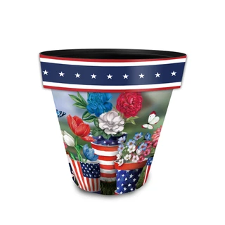 American Bloom Small Planter with patriotic floral design and stars on a white background.
