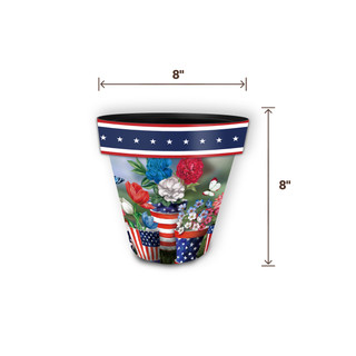 American Bloom Small Planter, 8" tall and wide, patriotic floral design, red, white, and blue colors.