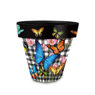 Small black and white checkered planter with colorful butterflies and pink flowers, Checkered Butterflies Small Planter.